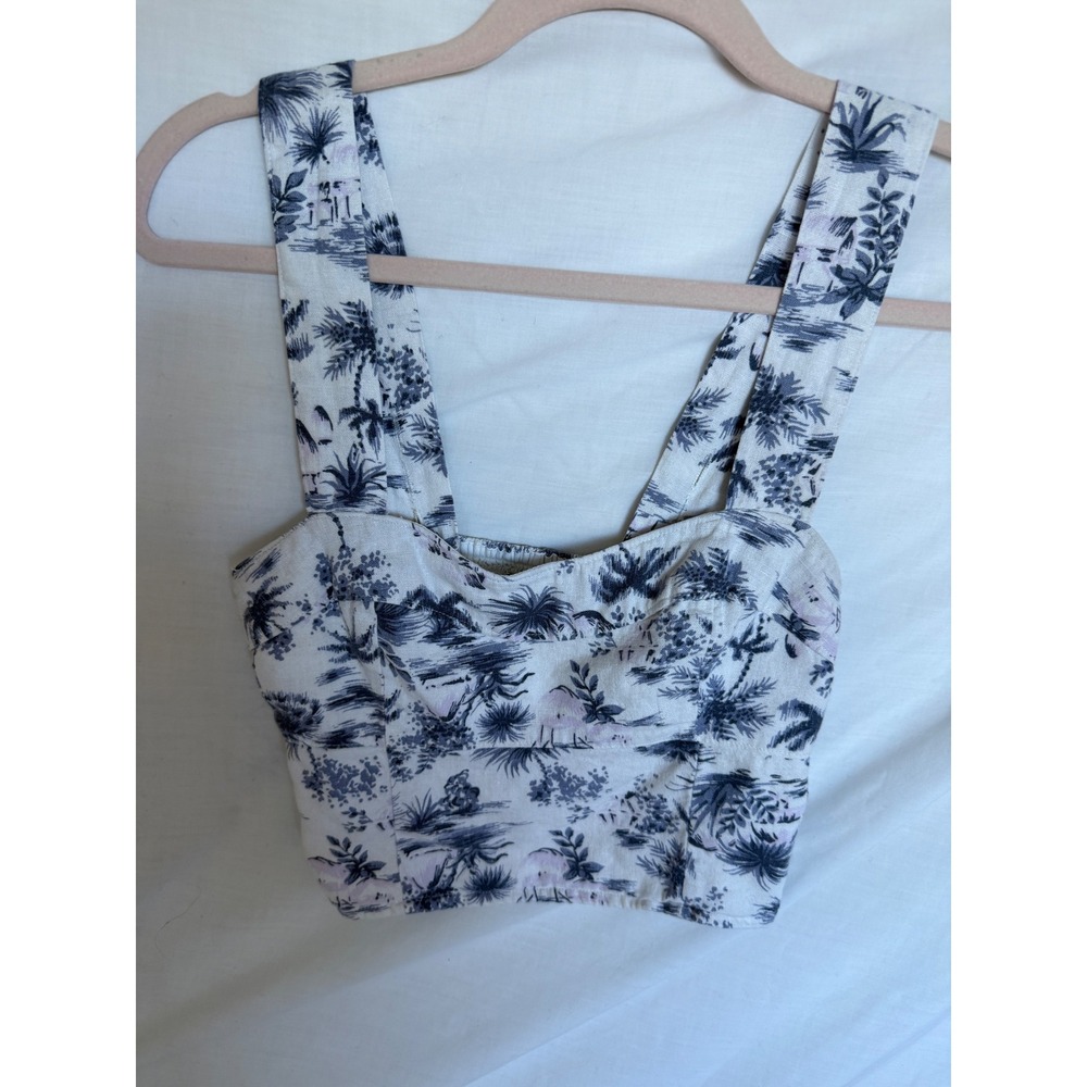 Abercrombie & Fitch Blue White Tropical Toile Linen Blend Smocked Crop Top Tank